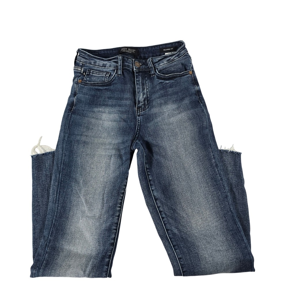 Judy Blue Relaxed Fit Distressed Dark Wash Raw Hem Jeans JB88191 Size 1/25